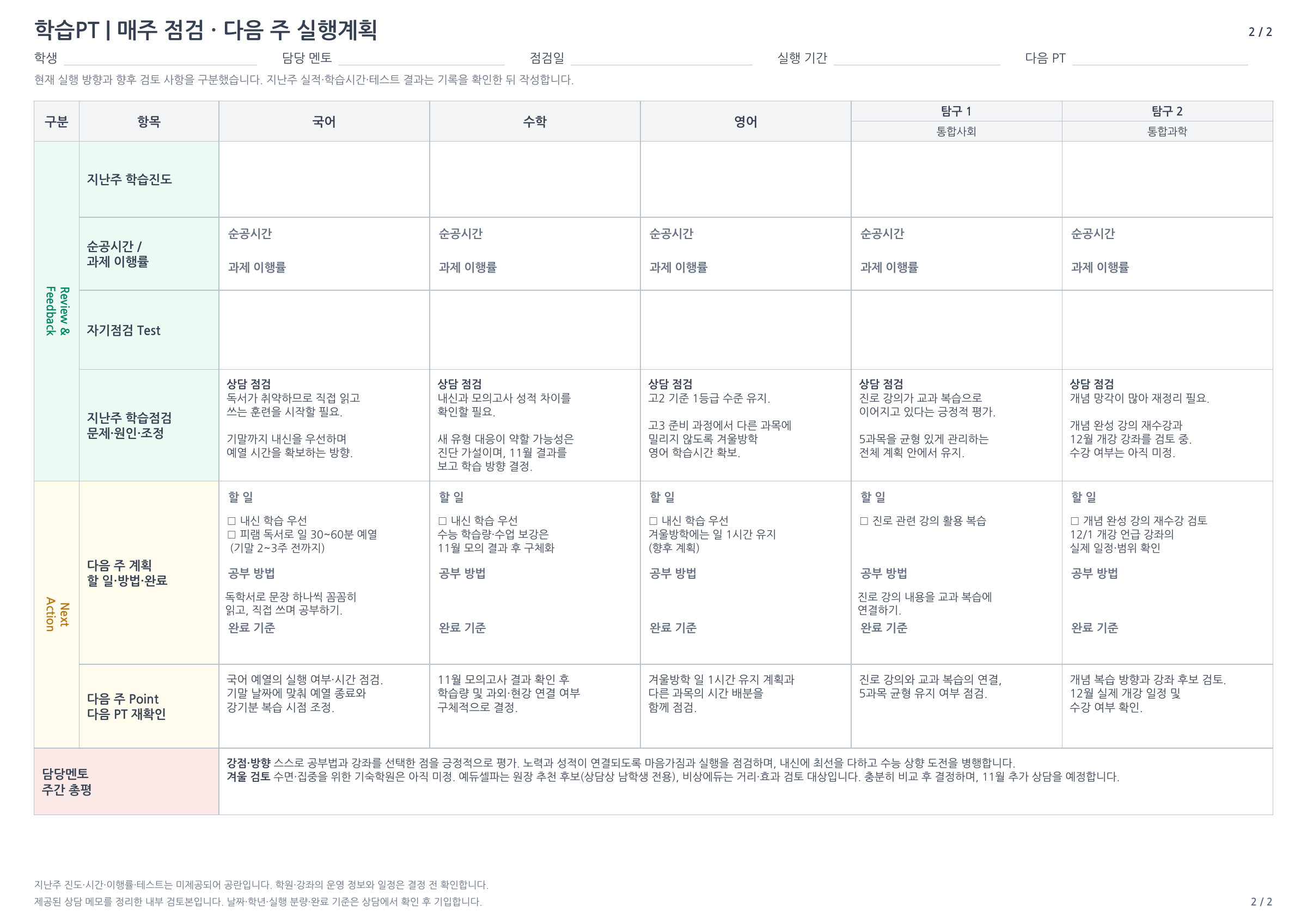 주간점검 작성 예시 — 첨부 학습리포트 2쪽